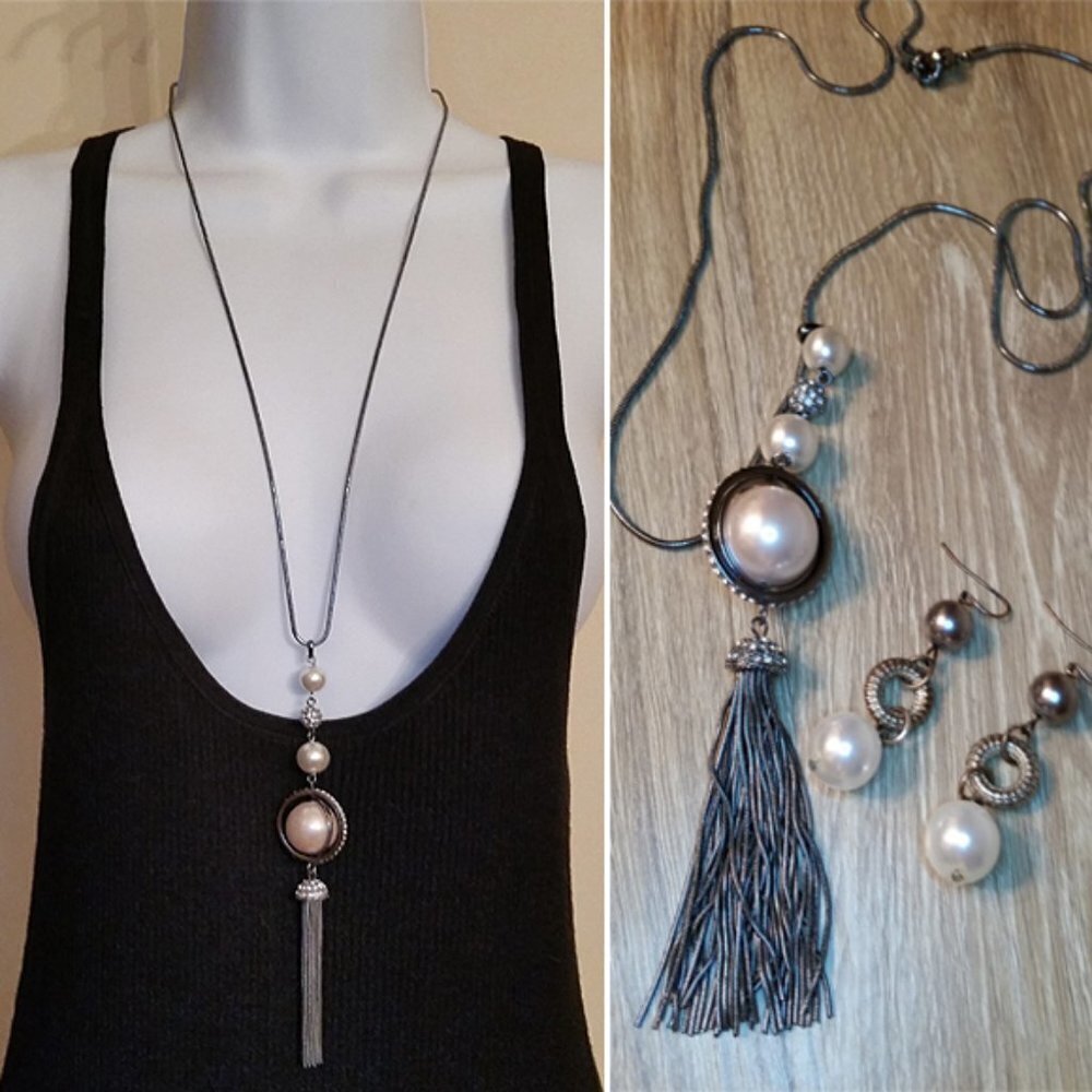 Long gunmetal faux pearl tassel chain necklace trendy/